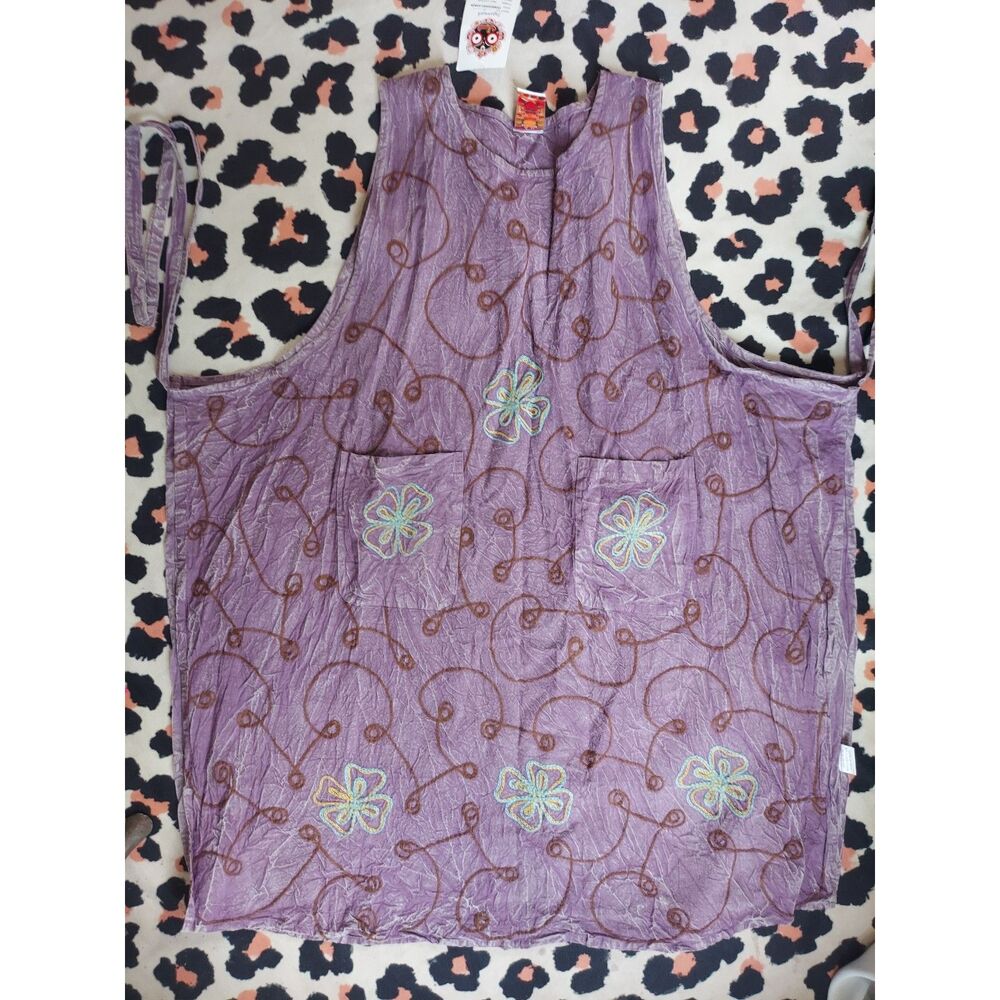 Embroidered Apron Dress with 2 Pockets Art to Wear Cotton Boho Utility Crinkle